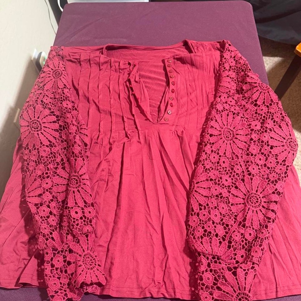 Temu Deep Red Floral Lace Sleeve Blouse Henley Pleated Top 5XL